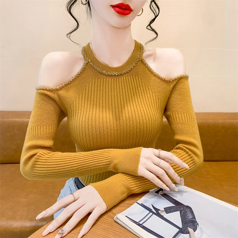

Sexy Beaded Off Shoulder Knitted Sweater 2025 Autumn Winter Inner Knitwear Hanging Neck Women Long Sleeve Pullovers Tops