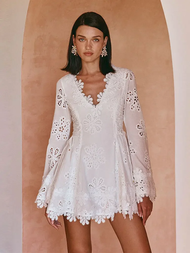 

Flower Embroidery White Elegant Dress V-neck Long Sleeves Slim Fit Lace Up Ruffle Hollow Out Mini Gown 2025 New Daily Streetwear