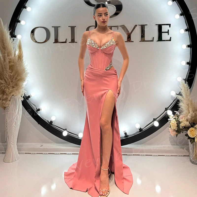 Gentle Pink Mermaid Pretty Women's Evening Dresses Sexy Spaghetti Strap Sleeveless Prom Gowns Side Split Beaded Vestido De Noche