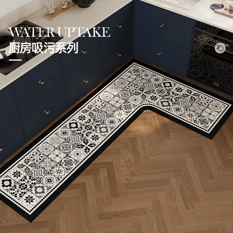 

Corner L-shaped Kitchen Carpet Retro Floral Pattern PVD Floor Mat Ethnic Style Plaid Waterproof Rug Non-slip Scrubbable Foot Mat