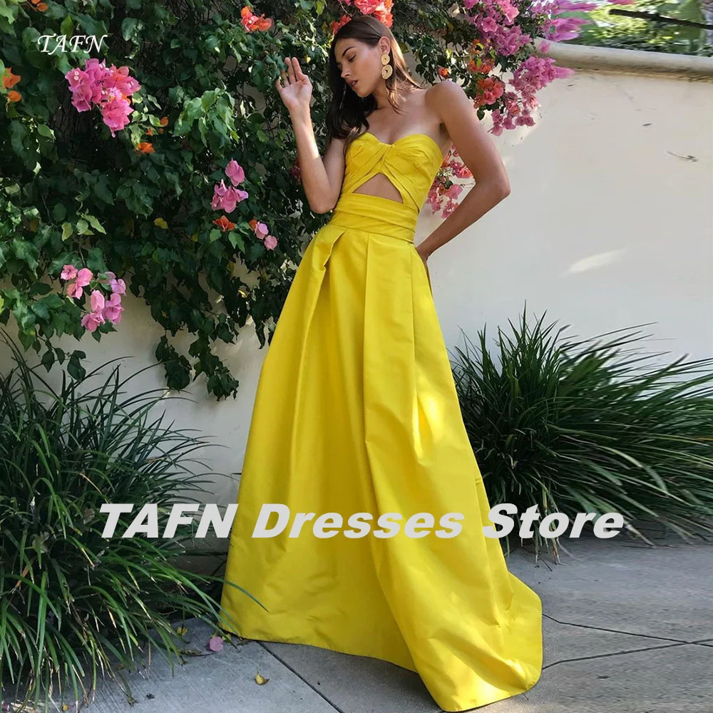 

TAFN Bright Yellow Evening Dresses Strapless A-line Prom Party Gown Sleeveless Temperament robes de soirée Photo Shoot