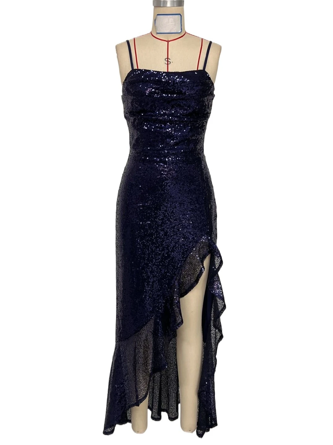 

Sexy Spaghetti Straps Sequined Side High Split Ruffles Long Formal Evening Dress Dark Blue