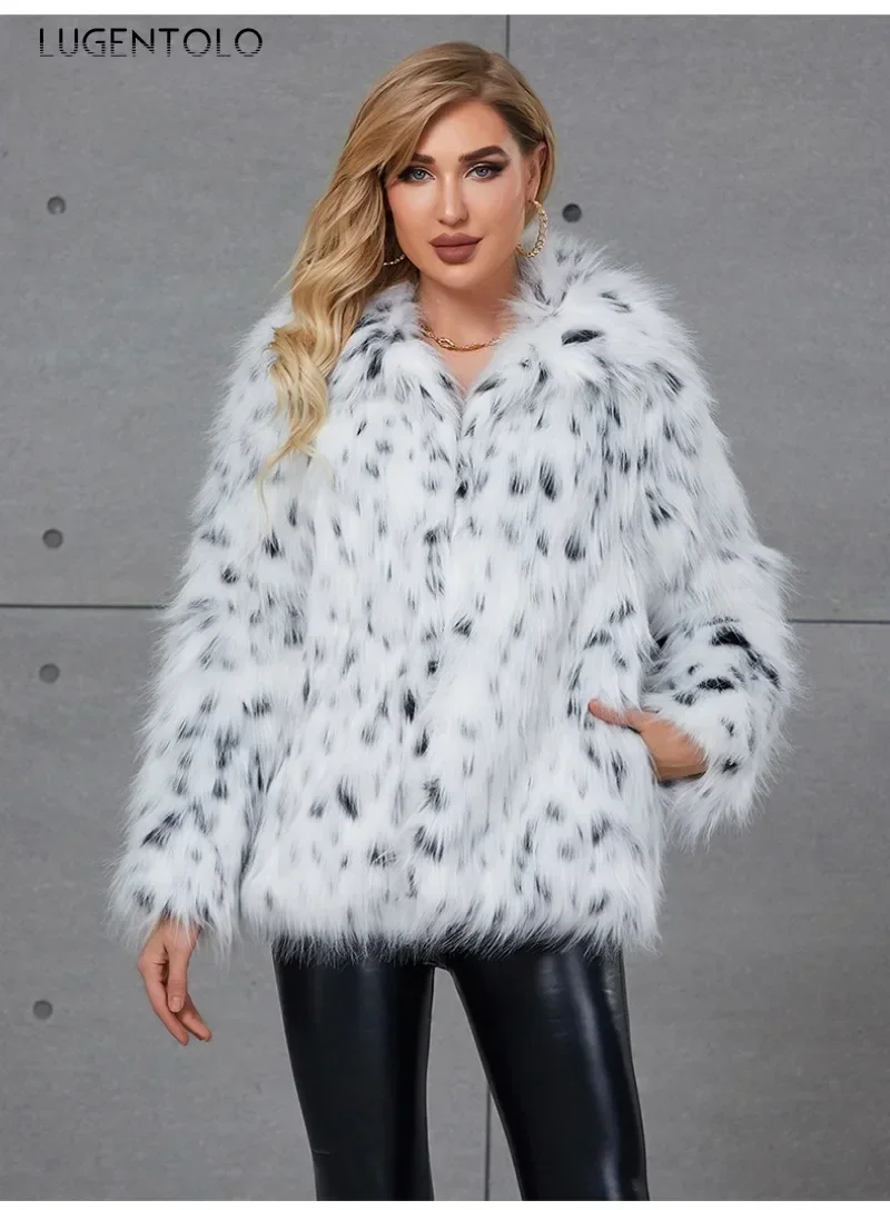 Women Faux Fur Warm Coat Leopard Point Autumn Winter New Fashion Faux Fox Fur Lady Elegant Quality Simple Cloth Lugentolo