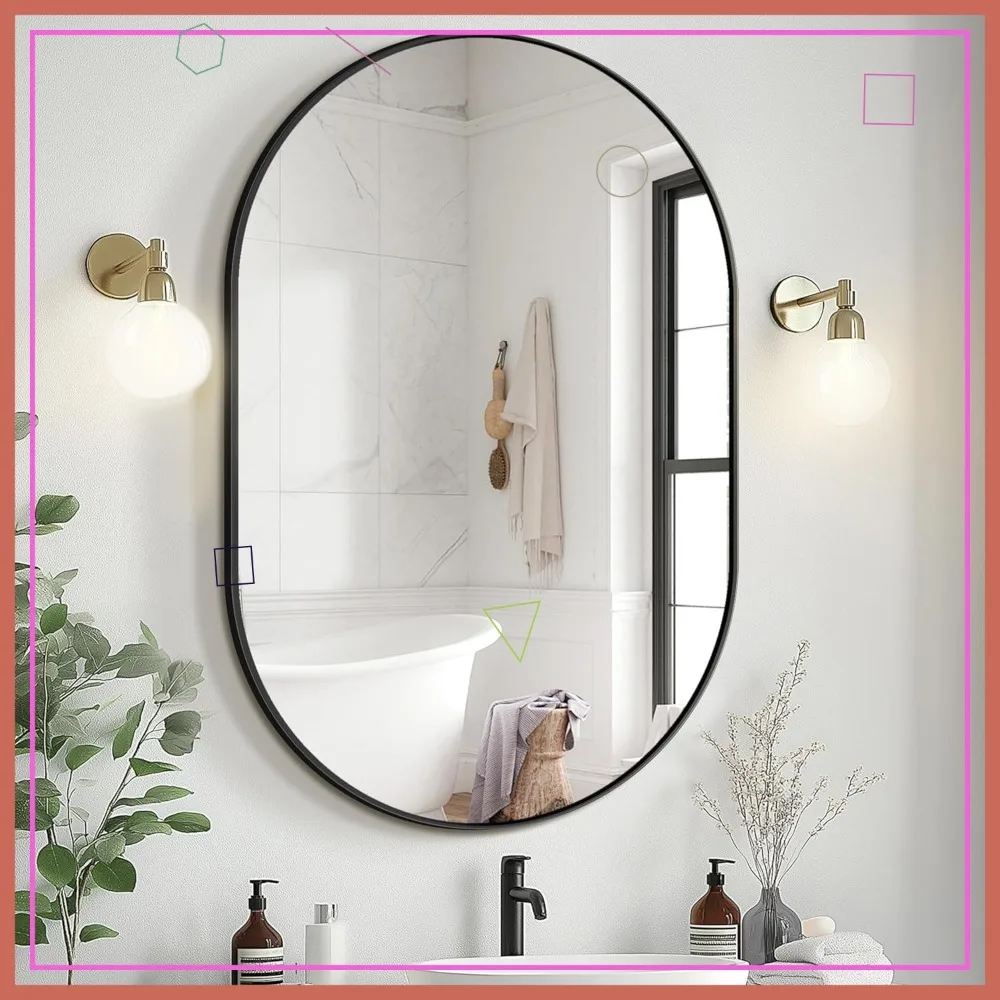 

36x24 Black Oval Wall Mirror, Metal Frame for Bathroom Bedroom Entryway, HD Glass Easy Install