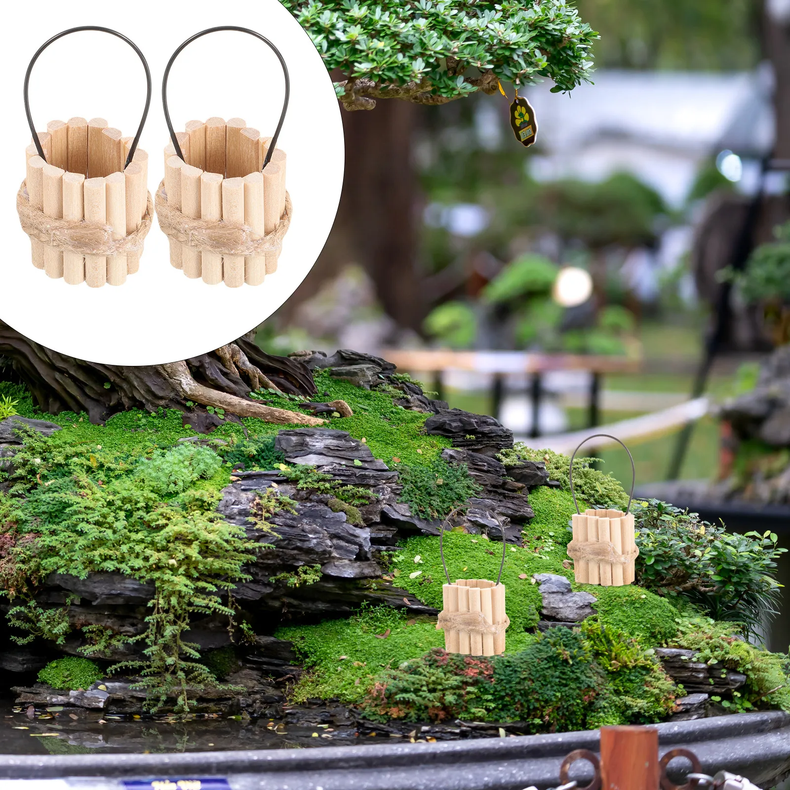 

2Pcs Delicate Wooden Pail Mini House Decoration Lifelike Miniature Bucket for Miniature Gardening Photography Prop Home Decor