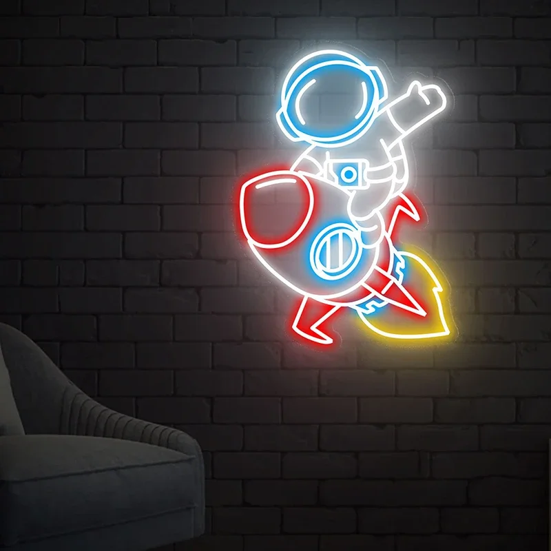 

Cute Astronaut Riding Rocket Neon Sign Personalized Custom Neon Signs for Kids Room Bedroom Wall Art Neon Decor Led Lamp Light