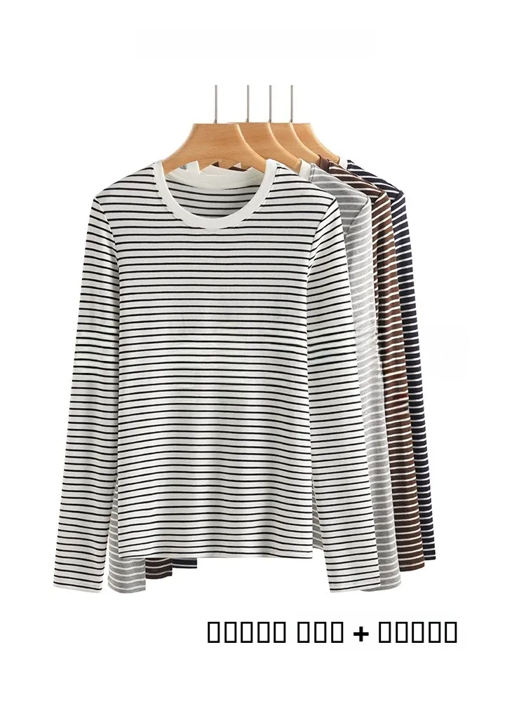 

Классическая полосатая футболка с длинным рукавом, комбинированная по цвету, из шерсти и лиоцелла, повседневная, свободного кроя, для женщин, осенняя новинка