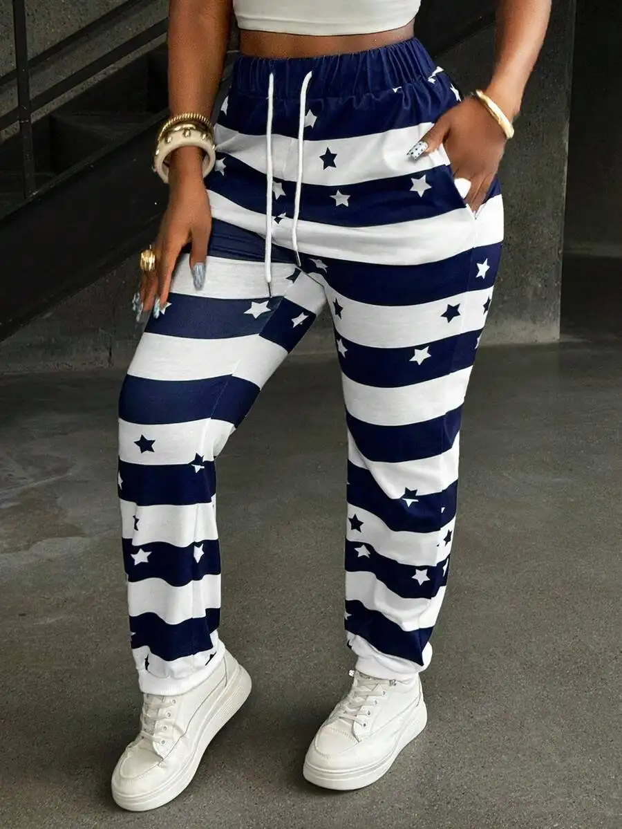 

Women's Navy & White Striped Star Print Joggers - Loose Fit Casual Pants