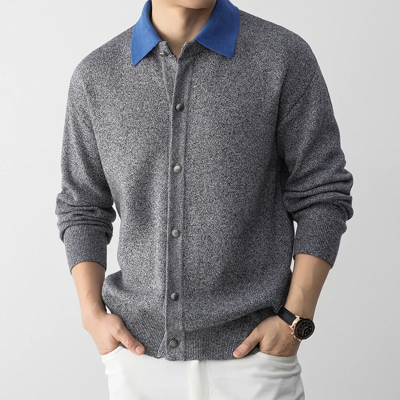 

2026 New Trendy 45% Cotton Cardigan Men Fashion Patchwork Collar Knitwear Long Sleeve Sweater Coat Singler Breasted Knit Clothes