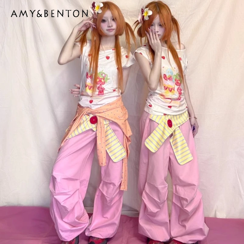 

Japanese 2025 New Pink Striped Waistband Loose Women's Pants Original Design Cute Slimming Versatile Thin Casual Trousers Ladies