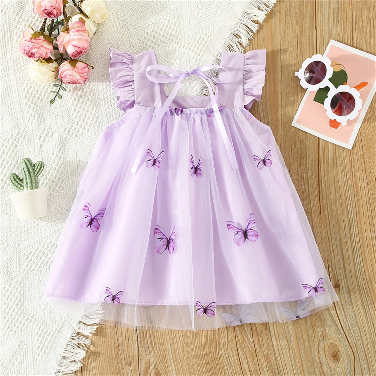 New Girl Baby Mesh Princess Dress Summer Children\'s Wear 3D Bow Embroidered Solid Color Korean Edition Dress