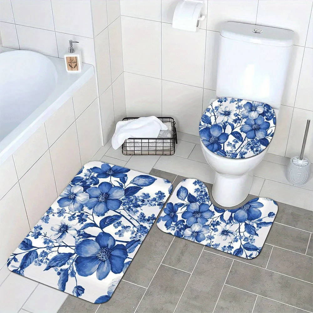 

3pcs Soft & Absorbent Plush Bath Mats - Non-Slip, Washable, Comfortable Blue & White Floral Design for Shower, Kitchen, Laundry
