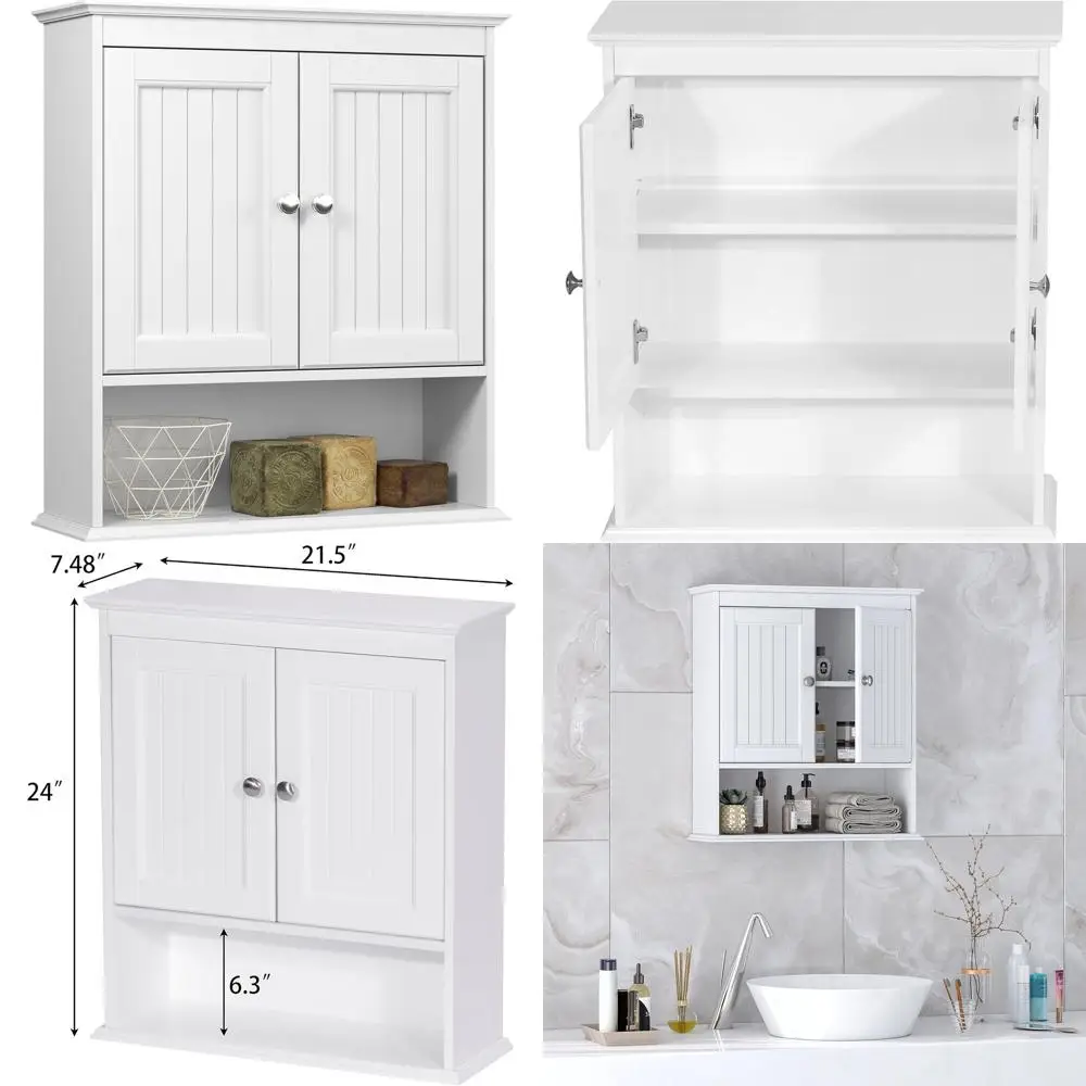 

White Wall-Mounted Bathroom Cabinet with Door and Over-Toilet Shelves
