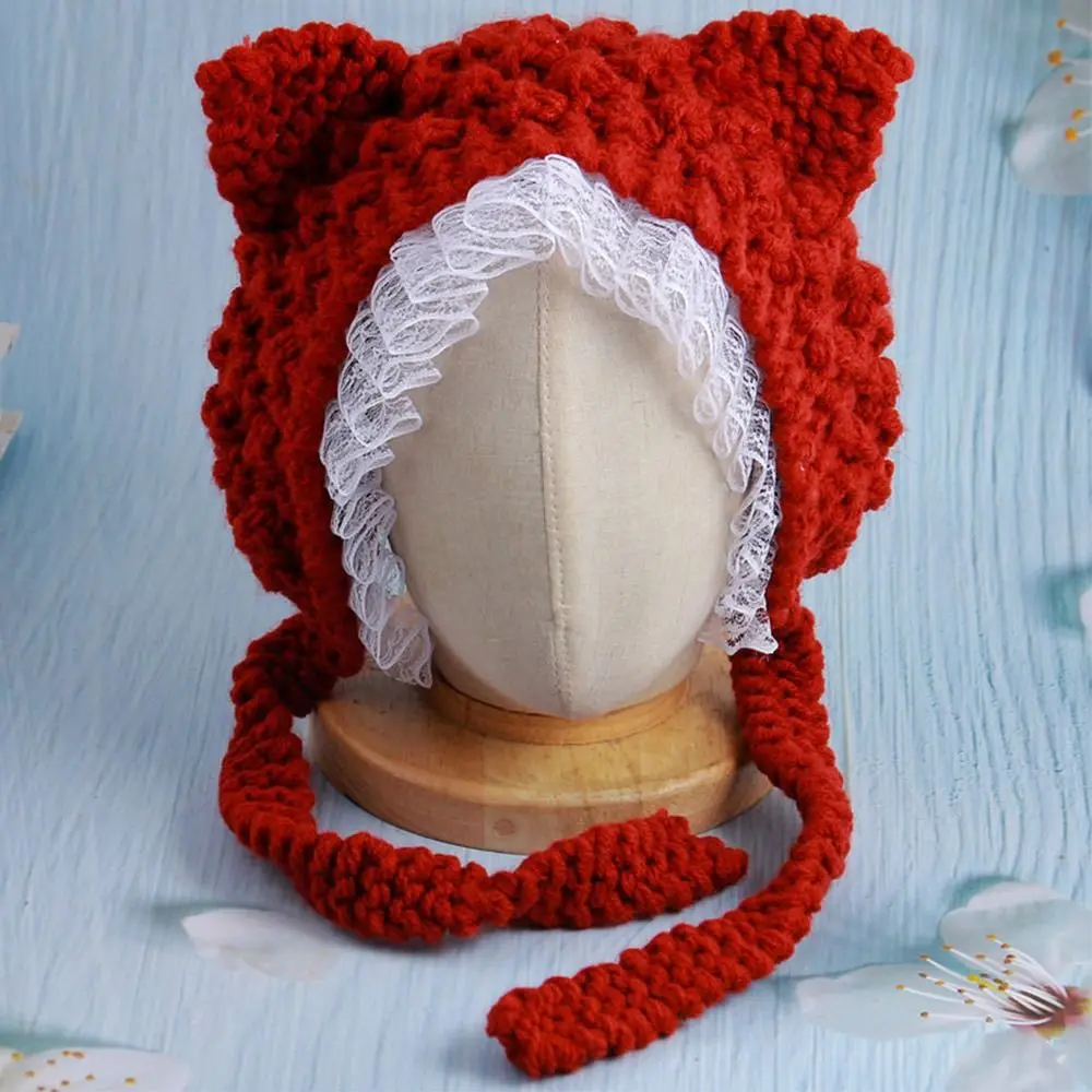 

Fashion Cartoon Knitted Cat Ear Hat With Bow Ear Protection Crochet Wool Hat Cute Casual Winter Warm Cap for Women