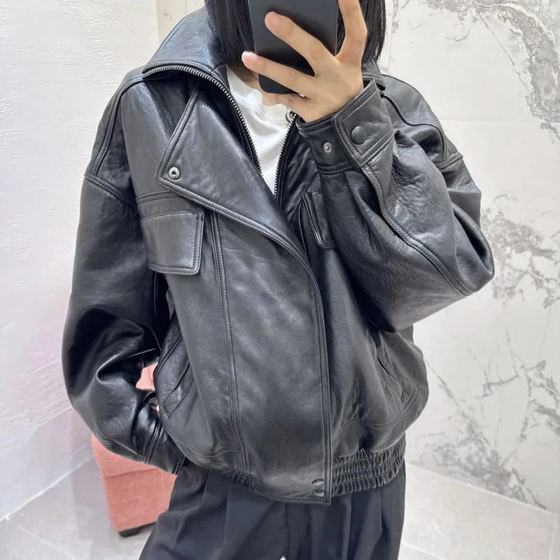 Genuine Leather Jacket Short Turn-Down Collar Clothes Drop Shoulder Sleeves Casual Style Women Coat Spring Autumn