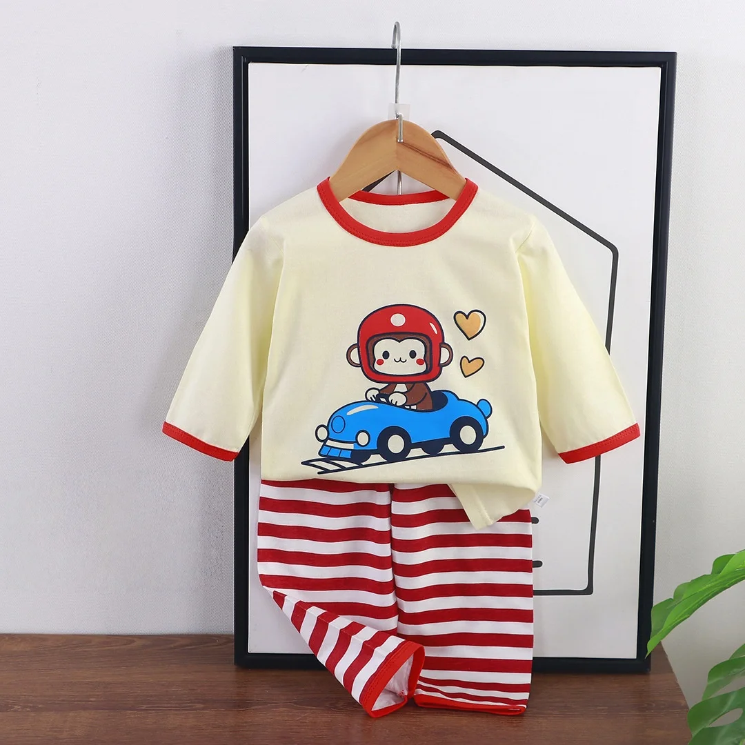 Summer Kids 2Pcs Cotton Loungewear Set Boys Cartoon Top+Striped Pants Girls Breathable Air Conditioned Children Pajamas