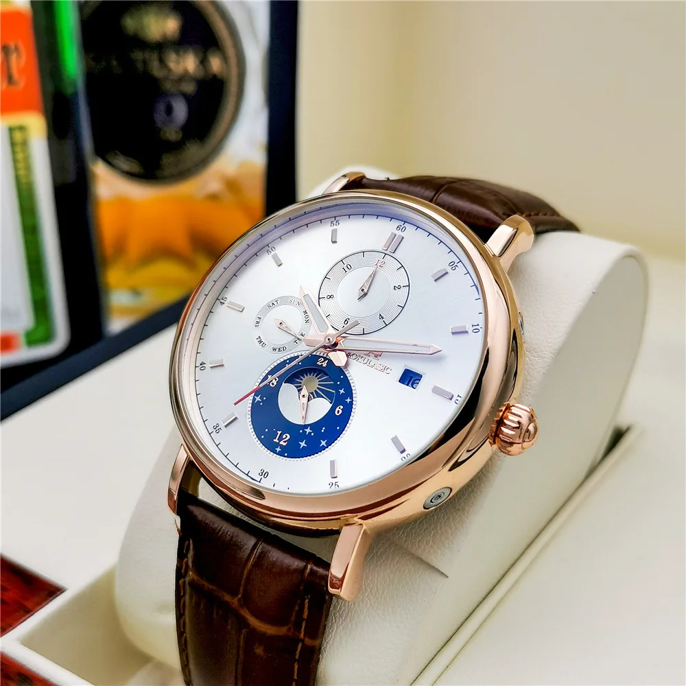 Stainless Steel New Six-Hands Multifunction Luminous Skeleton Waterproof Self-Wind Automatic Watch for Men