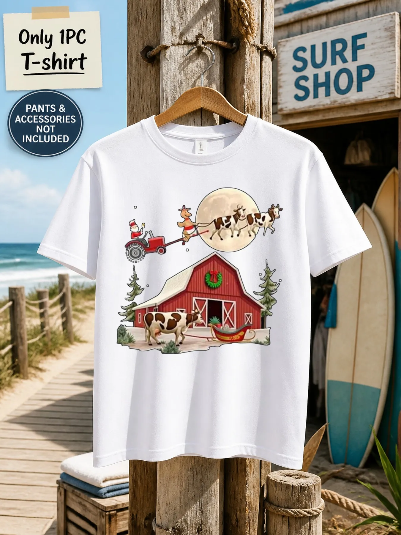 1pc Mens Graphic T Shirt Christmas Funny Farm Animal Santa Tractor Reindeer Cow Sleigh Barn Scene Short Sleeve Crew Neck[solely 1pc T-SHIRT]