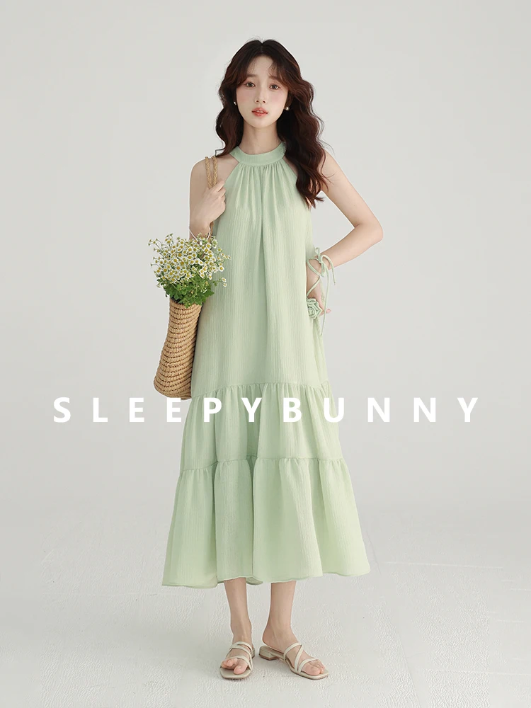 Feminino francês vintage halter pescoço vestido sem mangas fora do ombro solto ajuste em camadas maxi vestido para o verão chique fluindo vestido longo