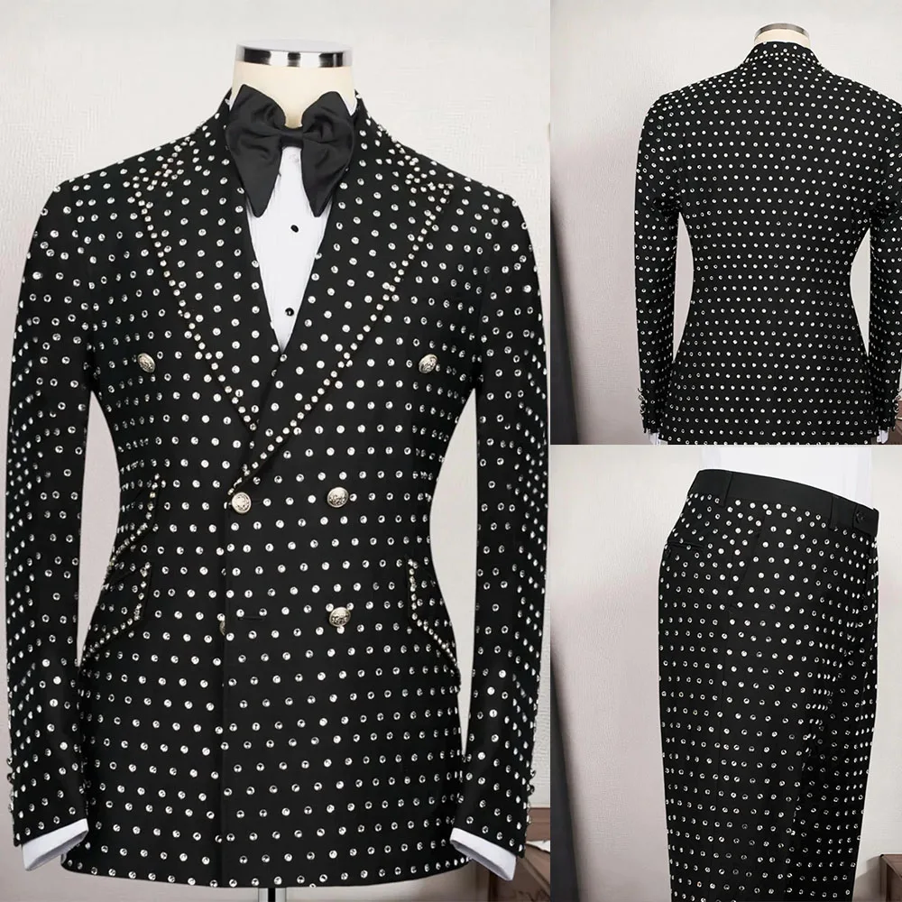 

Luxury Wedding Suits 2 Pieces Blazer Double Breasted Crystals Groom Tuxedos Prom Formal Custom Made traje de hombre