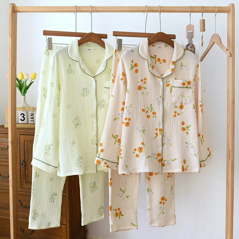 

2026 New Women's Spring and Autumn Japanese Pajama Set 100% Cotton Here Fresh Flower Long Sleeve Two Piece Set Thin Home Clothes