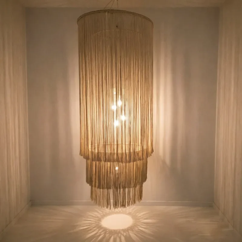 Boho Tassel Chandelier Handwoven Cotton Shade Pendant Light for Wedding BnB Living Room Home Decor