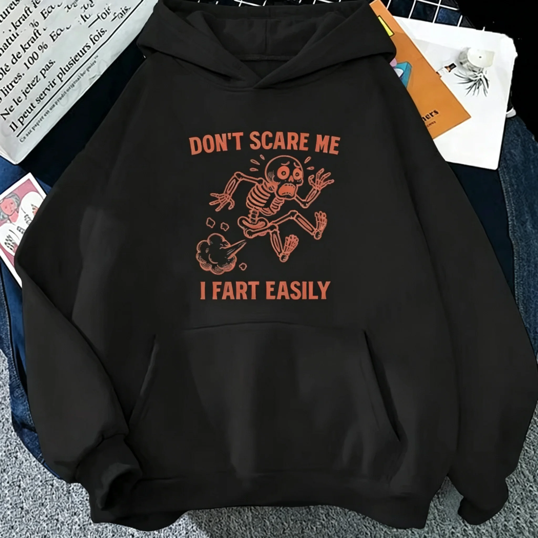 Men Women Halloween Funny Running Skeleton Graphic Hoodie Don't Scare Me Slogan Print Pullover Sweatshirt Loose Casual Daily