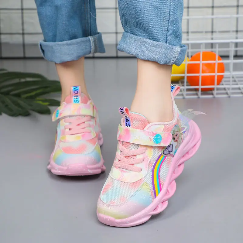 Disney Girls\' Shoes LED Lights Spring Mesh Breathable Girls\' Sports Princess Elsa Pink Purple Shoes Sneakers Size 22-37