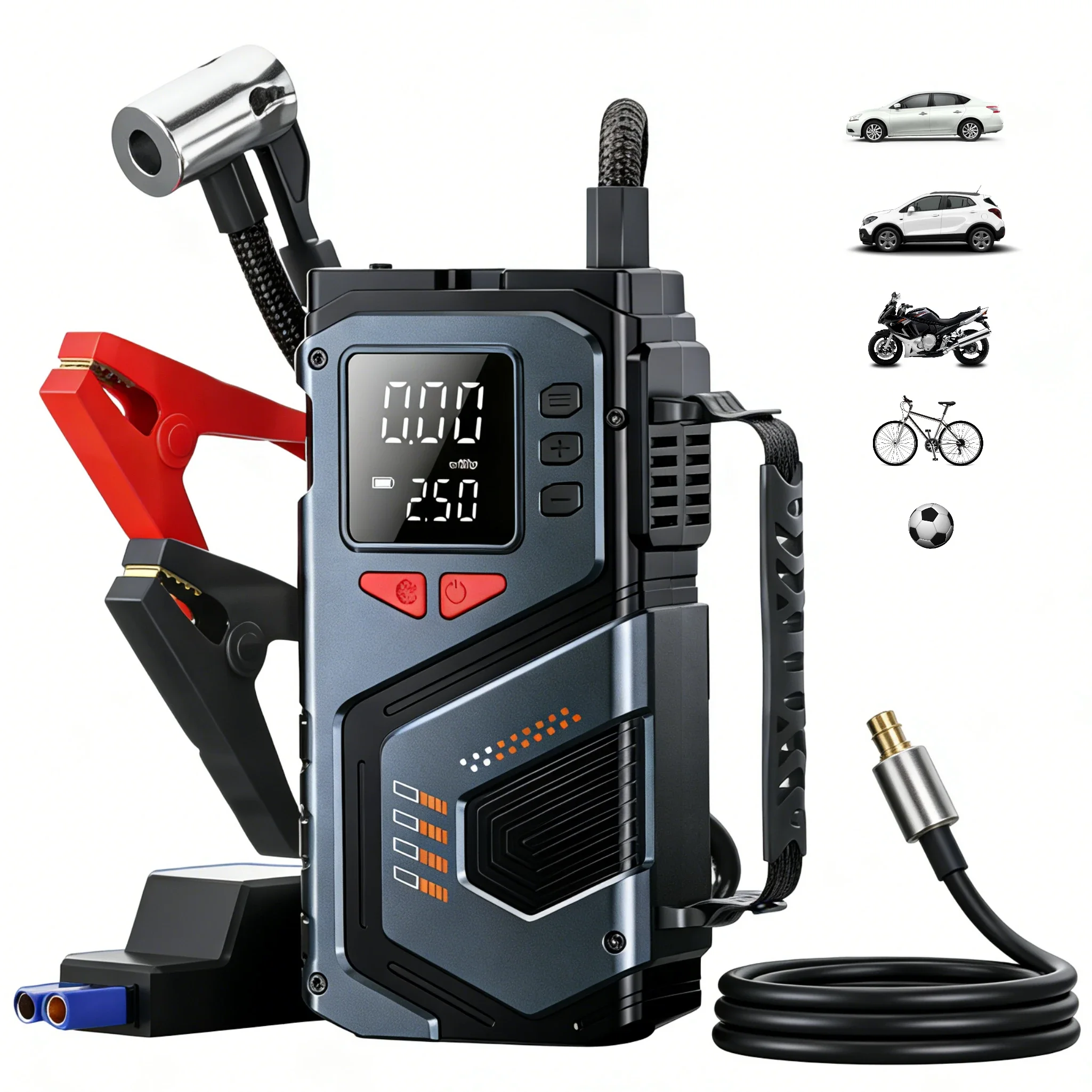 Portable Jump Starter Air Compressor 12V Car Tires Inflator with LED Light And Pressure Gauge for Petrol Diesel Cars 150 PSI