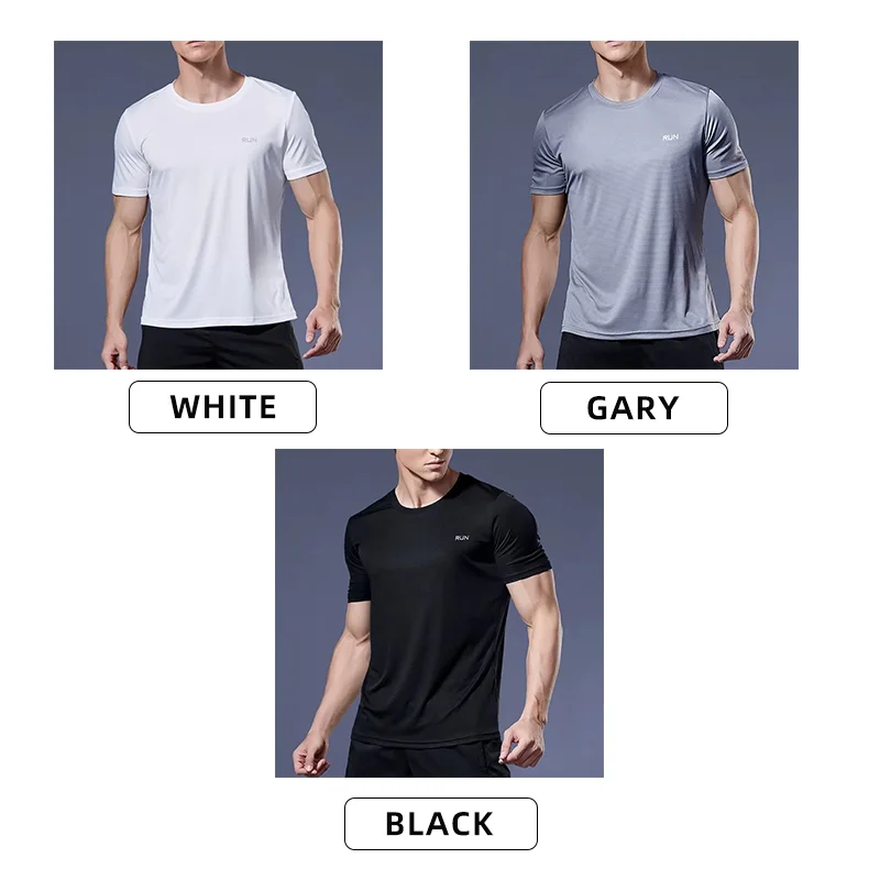 Quick Dry camiseta esportiva para homens, correndo camisa de fitness, gelo sedoso ginásio camisas de futebol, camiseta respirável, preto e branco Gary, L XL e XXL