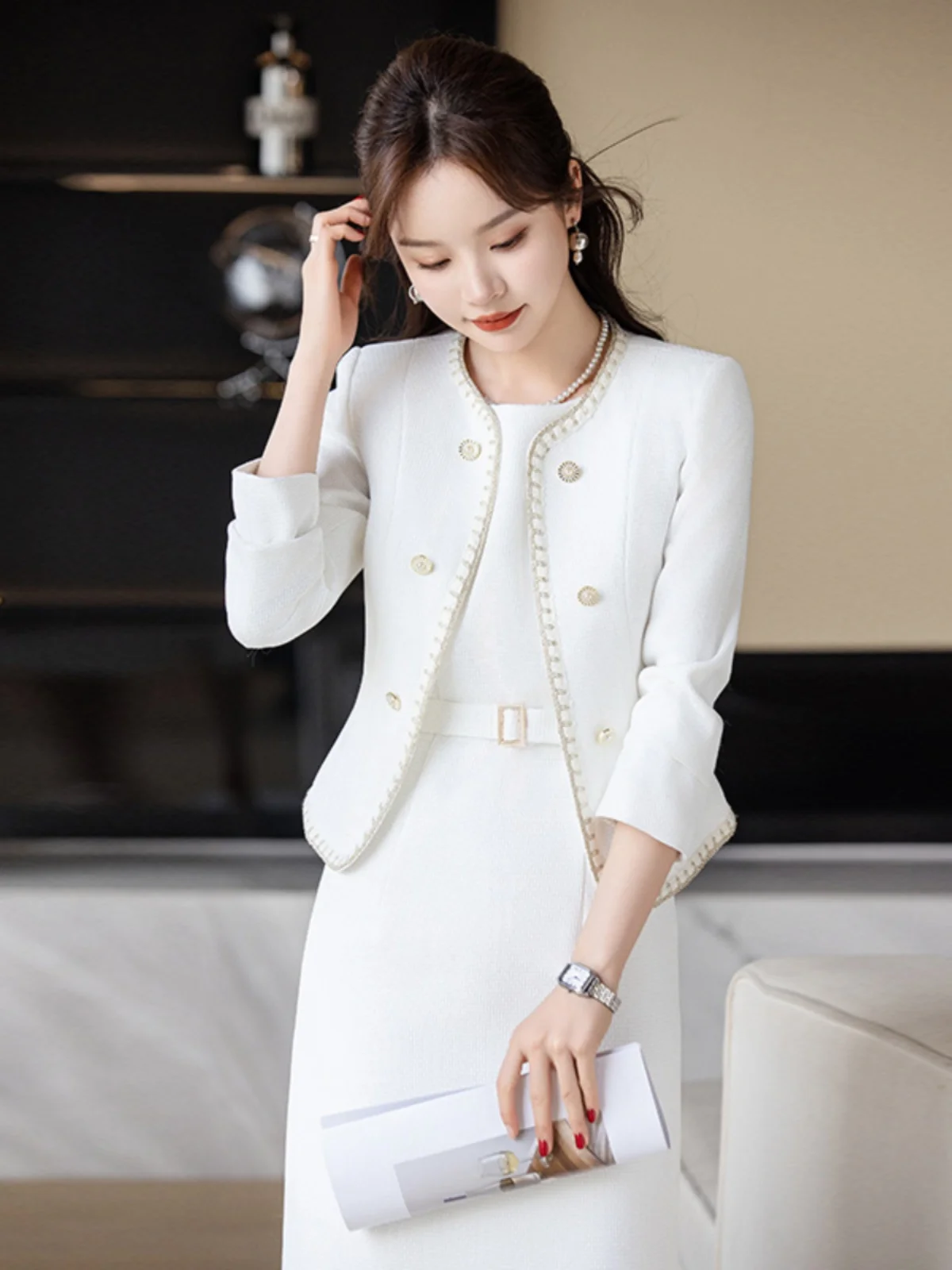 Elegant Ladylike Two-Piece Set Dress Women's Fashion Spring Autumn High-End Sensation Perfume Style Suiting Commute Style Lon...