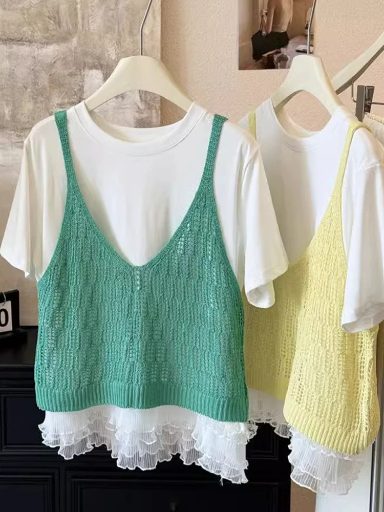 シックなブルーニットベストショートノースリーブレディースアウター春夏ファッション韓国スタイル通勤ルーズフィットソリッドカラー