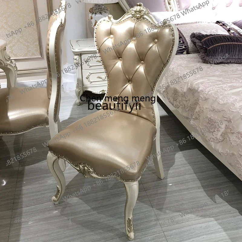 

B178 European dining chair retro carved all solid wood cowhide American restaurant chair armrest, French western restaurant chai