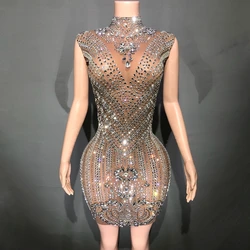 Luxurious Full Rhinestones Short Dress for Women Evening Prom Celebrate Dress Sexy Mesh Transparent Singer Show Stage Wear