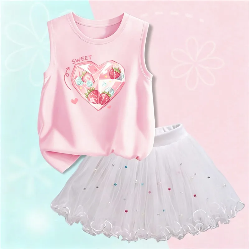 Girls 2Pcs Outfit Sweet Strawberry Heart Print Cotton Sleeveless Tank Top Beaded Tulle Tutu Skirt Summer Princess Set AXCM1