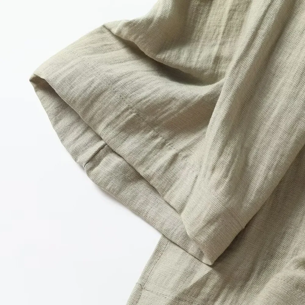 Damen Kimono-Hemd im neuen chinesischen Stil, frisches Grün, zum Schnüren, lockere Leinenmischung, dünner V-Ausschnitt, lange Ärmel, lässige Pendlerbluse, fließende Damenmode