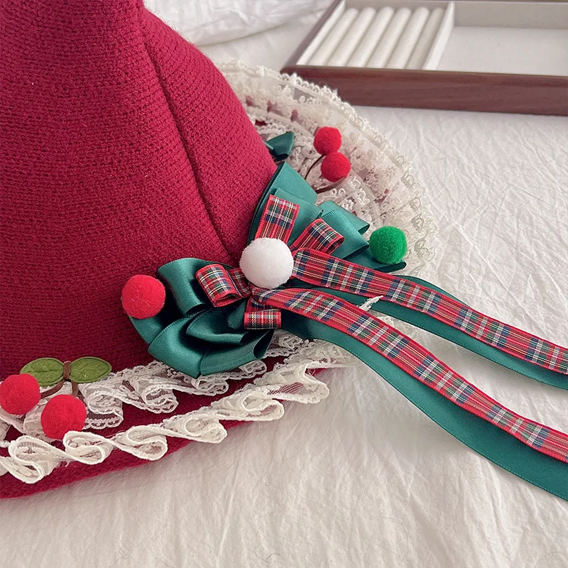 Sombrero de bruja de Navidad Original japonés Lolita, lazo de encaje, sombrero de cuento de hadas para mujer, accesorios de disfraces de fiesta, tocado con lazo