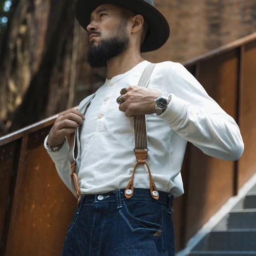 두꺼운 티셔츠 Rugged Bronson 청년 가을 두꺼운 긴팔 레트로 스트리치 코튼 순면 헨리 칼라 티셔츠 티셔츠 셔츠 티셔츠 