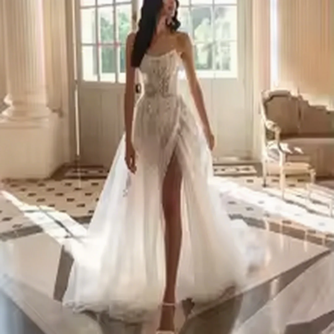 بوهو تول فستان الزفاف يزين الدانتيل حمالة أنيقة ألف خط فساتين الزفاف حسب الطلب