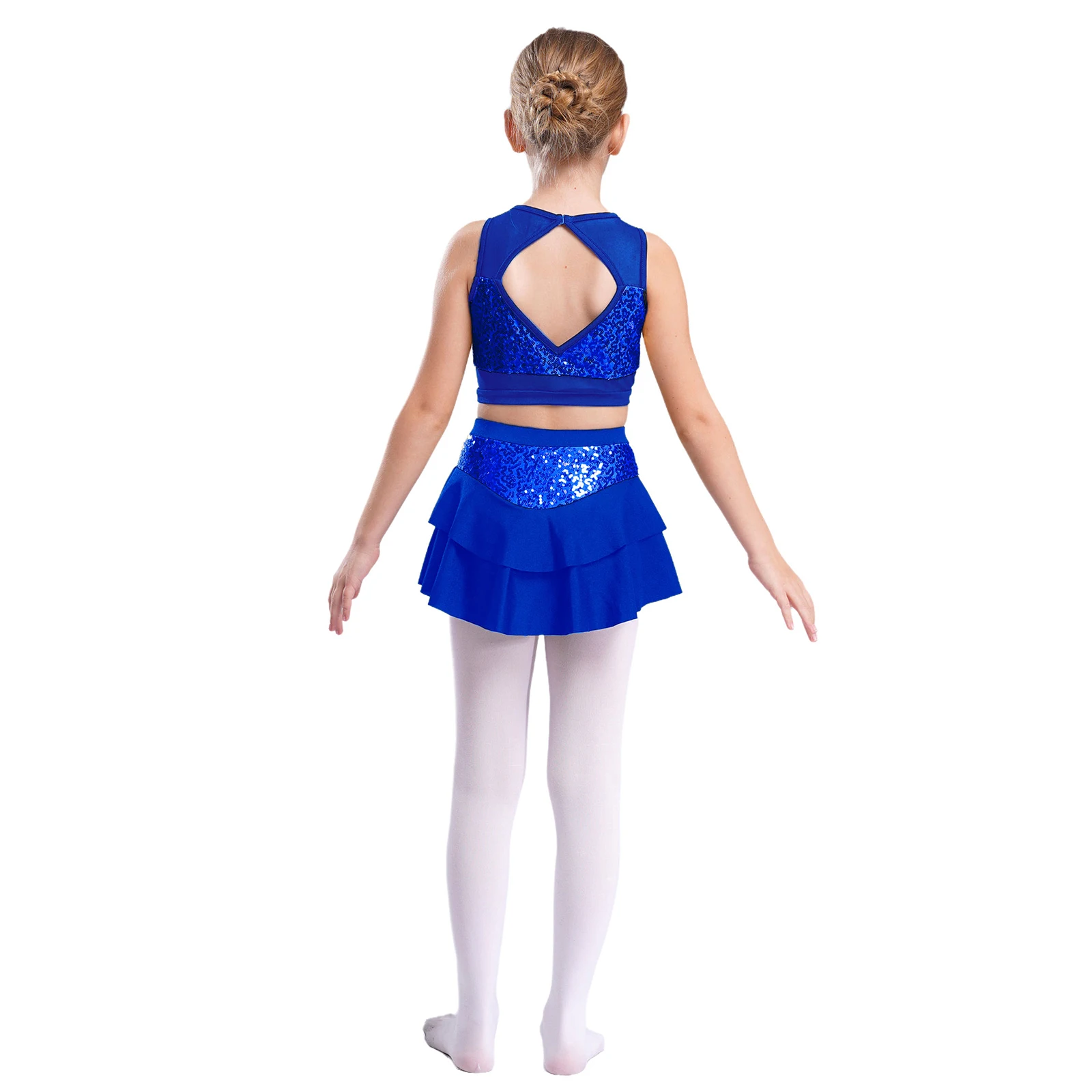 Kids Girls Cheerleading Uniform Cheerleader Ballet Jazz Dance Performance Costume Shiny Sequins Crop Top with Tiered Skirt for