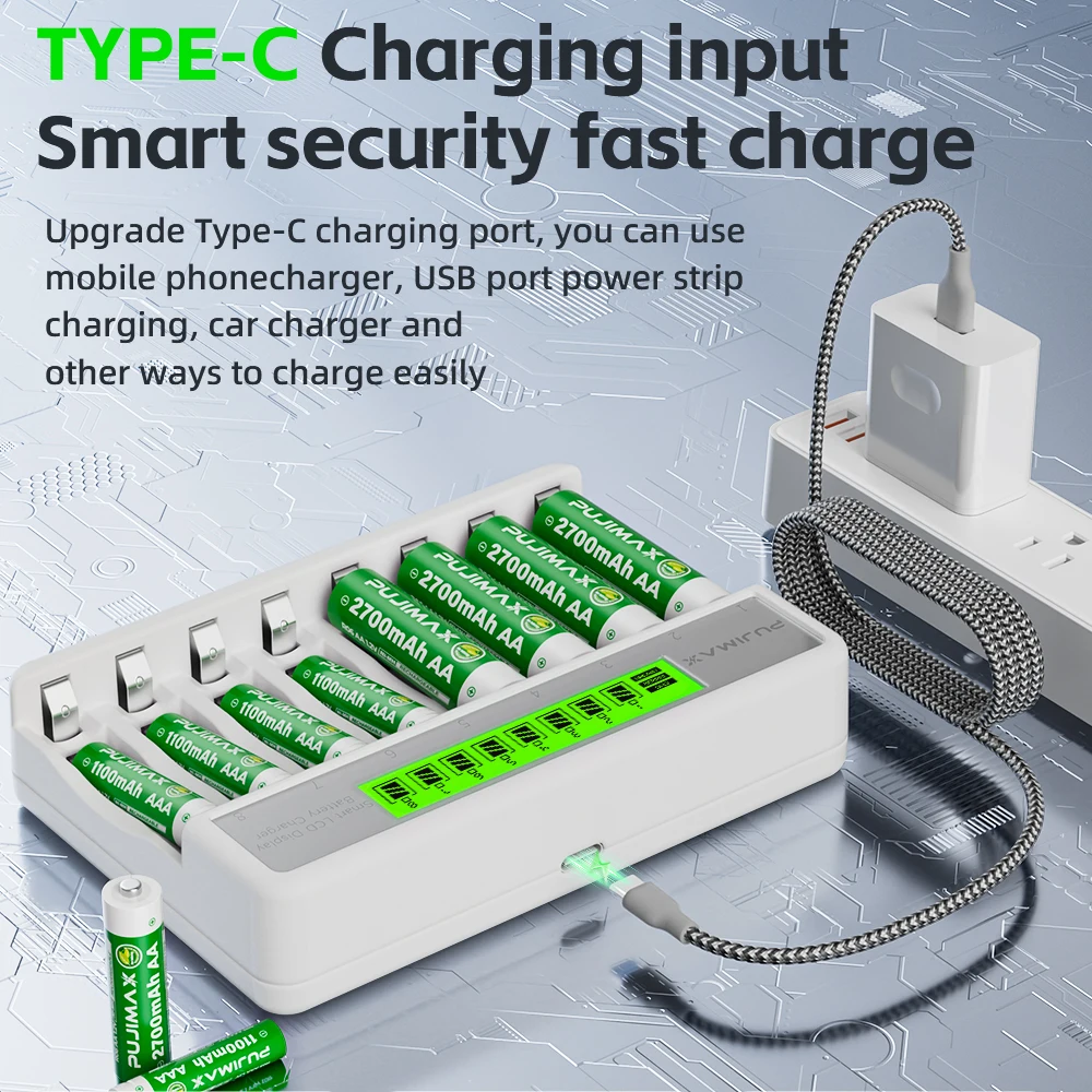 PUJIMAX 8-Slots LCD Display Fast Smart Battery Charger Type-C Charging For 1.2V Ni-MH Ni-CD AA AAA  Rechargeable Battery Charger