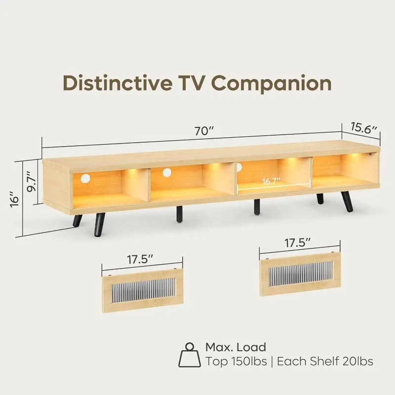 Mid Century Modern TV Stand for 75 inch TV, LED Entertainment Center with Storage and Sliding Doors, Low Profile TV Consoles for