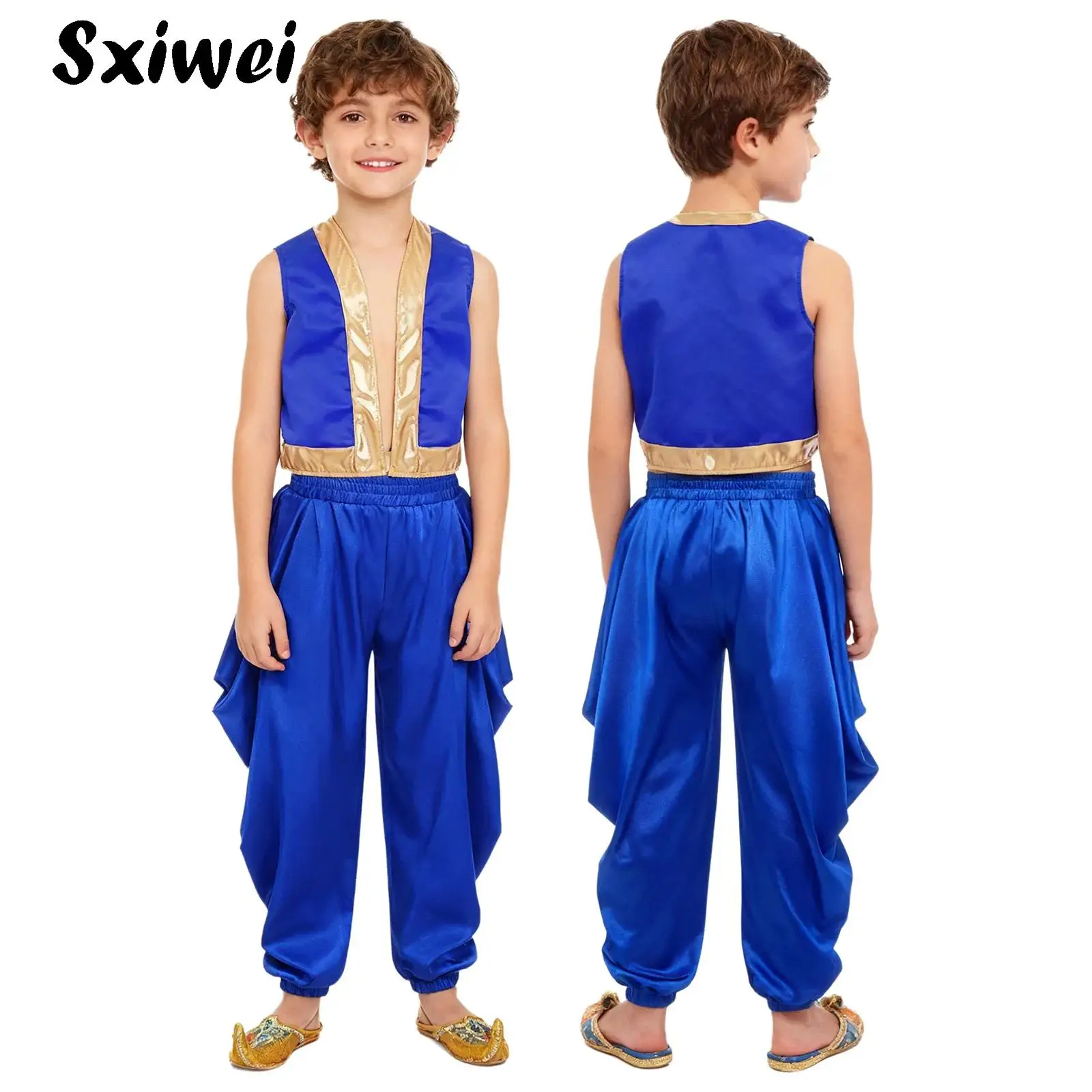 

Boys Arabian Prince Cosplay Costume Outfit Loose Vest with Satin Dhoti Pants Loose Baggy Trousers Halloween Carnivals Dress Up