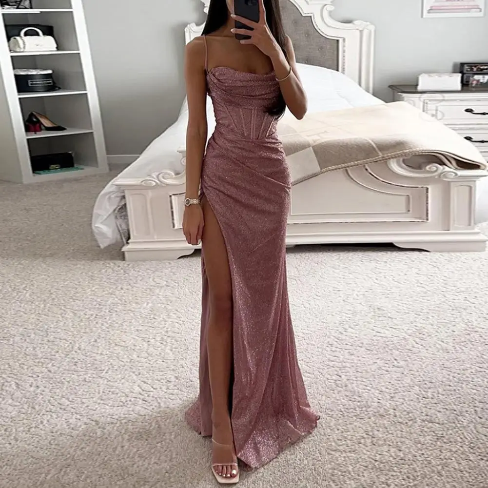 Damen Polyester Maxi kleid elegantes Pailletten Abendkleid mit Spaghetti trägern schulter freies Design High Split für Abschluss ball partys