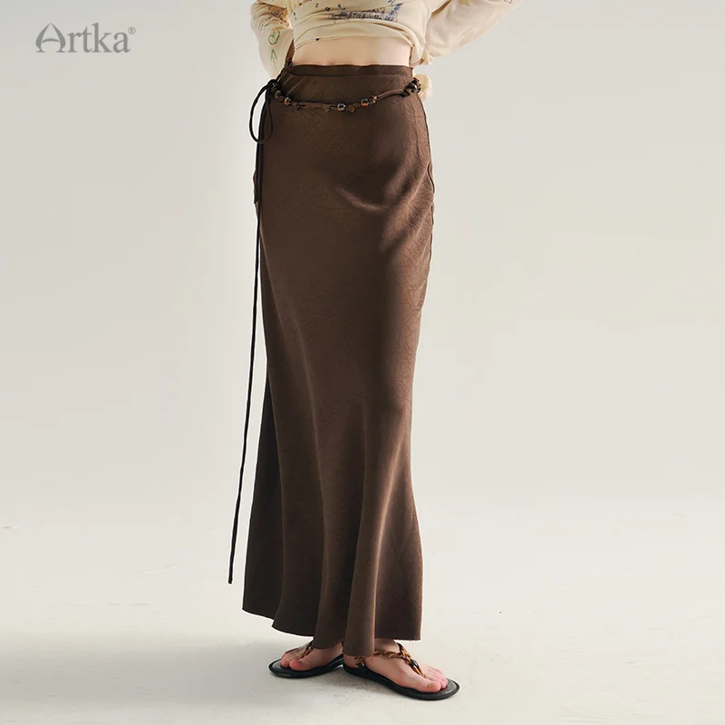 ARTKA 2024 Early Autumn New Women Skirt Fashion Elegant Long Satin Skirt High Waist Slim Fishtail Skirts With Belt QA92542Q