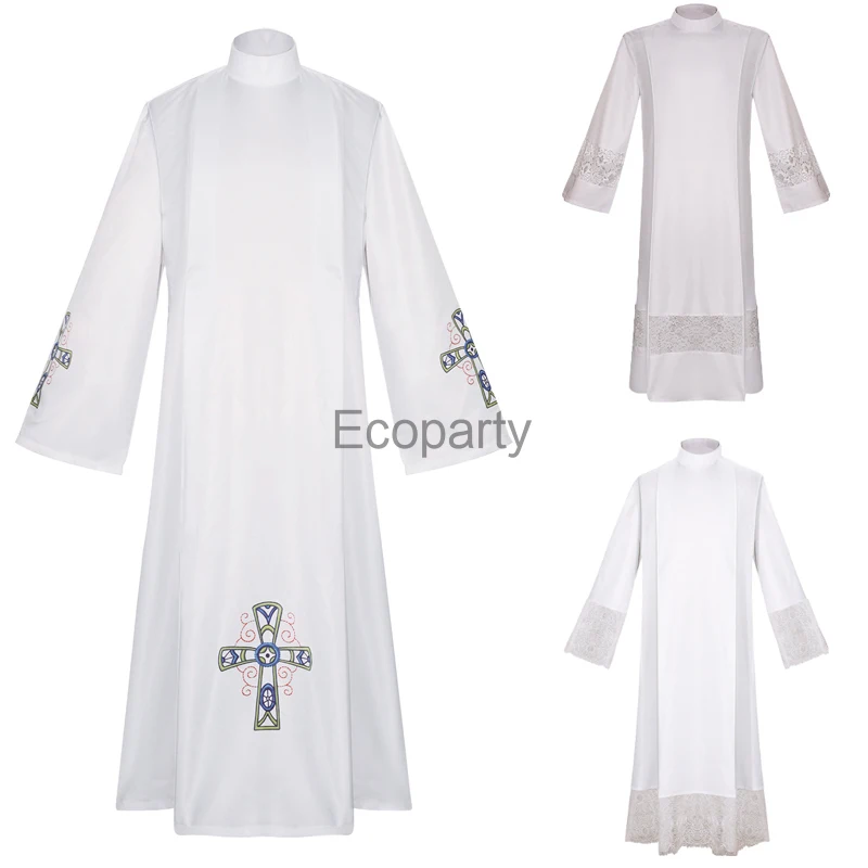 

Men Priest Trench Jacket White Stand Collar Middle East Arab Christian Catholic Priests Cospaly Clergy Robes Halloween Costume