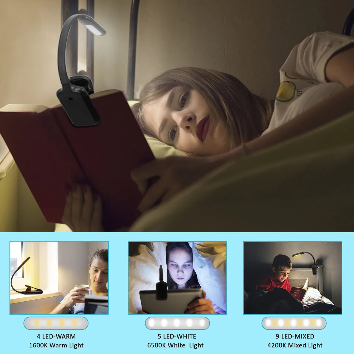 Lampu buku, lampu baca isi ulang, lampu buku 9 LED untuk membaca di tempat tidur dengan 3 kecerahan, lampu baca klip mudah