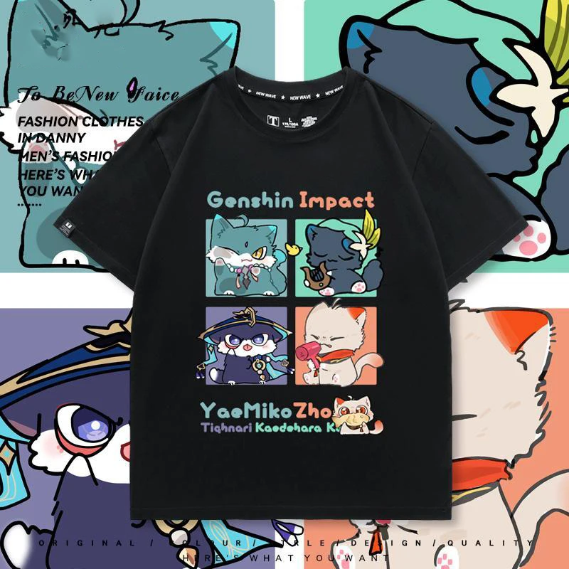 Game Impact Wanderer Cat Graphic Aesthetics T-shirt Hip Hop Cotton Short Sleeve Loose Couple T-Shirt Casual Harajuku shirts