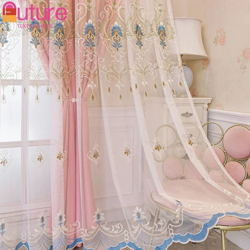 Curtains for Living Dining Room Bedroom Cream Embroidered Gauze Integrated Double Layer Simple European Sunshade