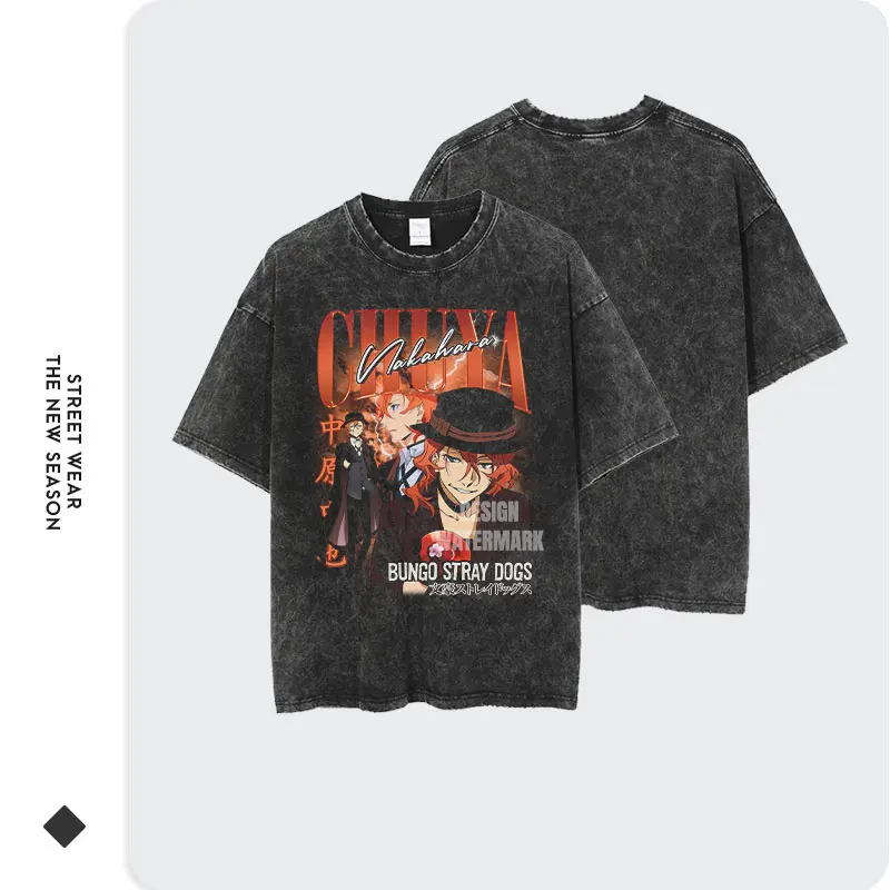 Nakahara Chuuya T-shirt Vintage Washed Anime T Shirts Oversized Streetwear Dazai Osamu Atsushi Retro Tops Tees Men 100% Cotton